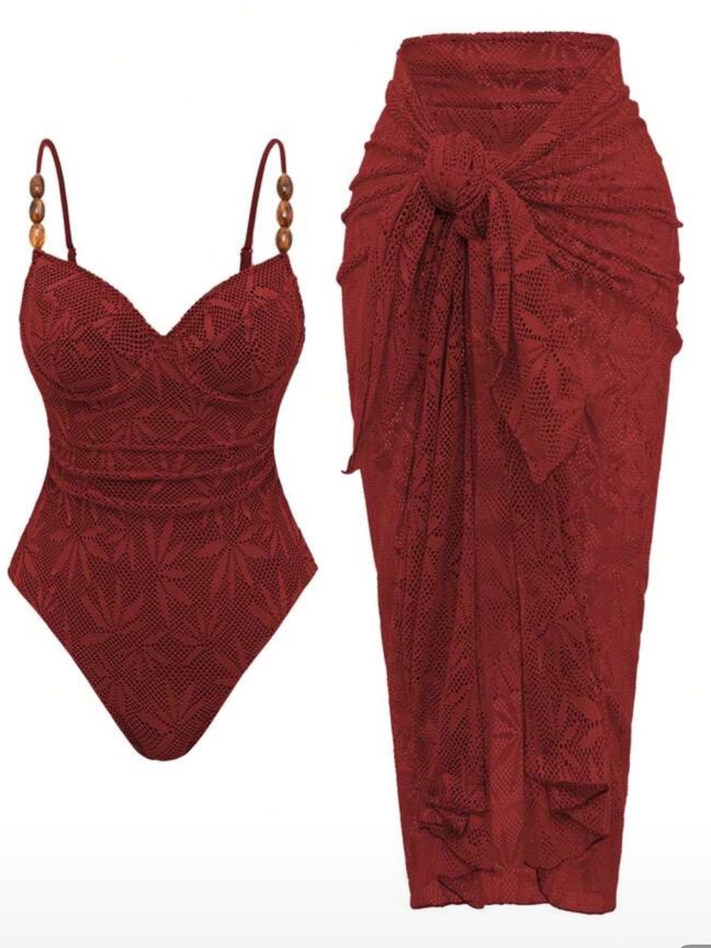 Red Textured Two-Piece Swimsuit Set with Sarong